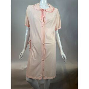 Vintage Sears Pink Nylon Short Sleeve Button-Front Nightgown With Satin Trim & P